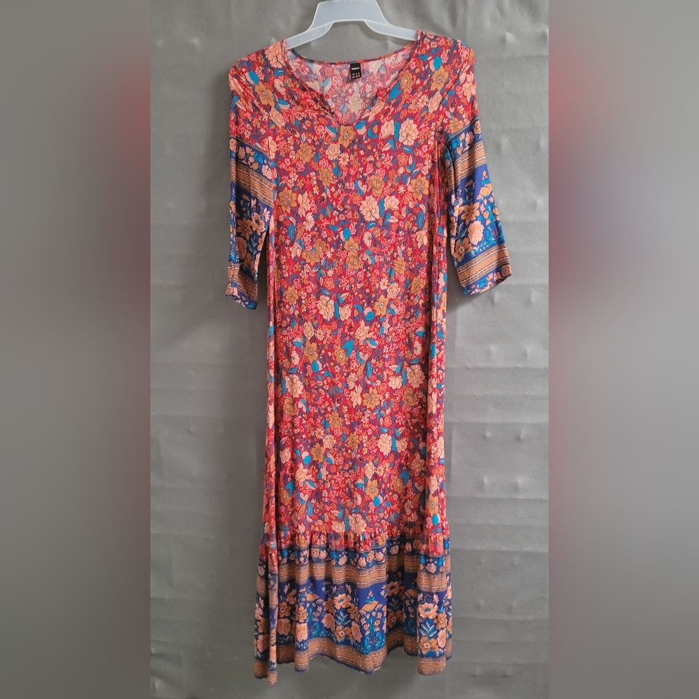 Red Floral Medium Maxi Dress with Ruffle Hem by Ranlege
